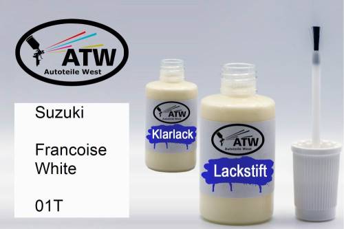 Suzuki, Francoise White, 01T: 20ml Lackstift + 20ml Klarlack - Set, von ATW Autoteile West.